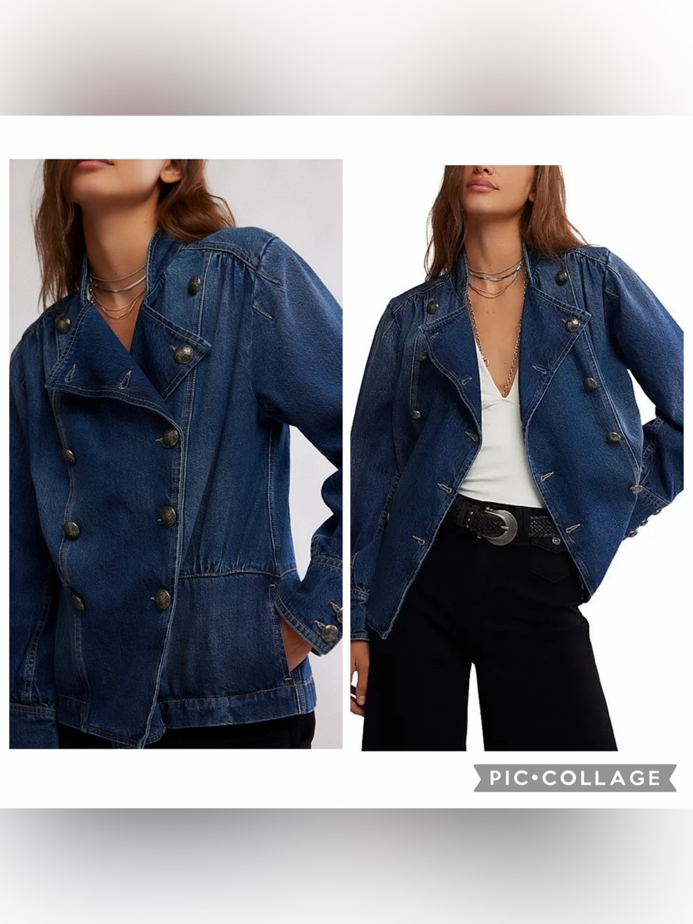 Large we the free people Imogene denim officer jacket jean double breasted blue